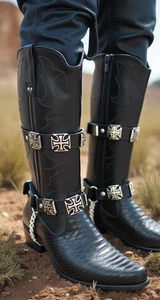 Biker Men Boot Black Pair 2 Straps Motorcycle Band Cross Charm Religious Church - Picture 1 of 23