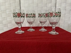 Set Of 4 Christmas Red Bow Holly & Stars 16oz Pedestal Glasses Glassware Libbey - Picture 1 of 9