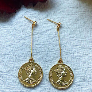 Long Coin Queen Dangle Earrings Drop Earings Womens Jewelry Female Gold Crystal