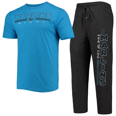 Men's Concepts Sport Black/Blue Miami Marlins Meter T-Shirt and Pants Sleep Set Cover