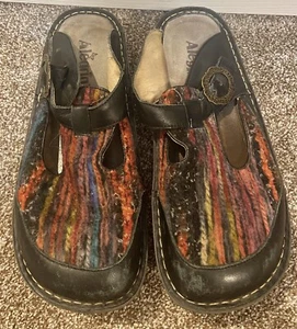 ALEGRIA SCHWARZ/MEHRFARBIGE WOLL-Pantoletten RÜCKENOFFEN Schnalle T-Riemen 41 Größe 9,5 - Bild 1 von 7