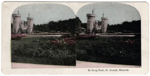 Vintage Color Stereoview - In Krug Park St. Joseph Missouri Italian Castle Tower - Picture 1 of 4