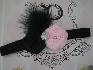 LITTLE GIRL'S ADJUSTABLE HEADBAND WITH BLACK AND PINK ROSETTES - Picture 1 of 4