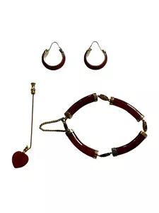 Set Of 3 Womens Asian Inspired Carnelian Earrings, Bracelet And Brooch Pin - Picture 1 of 11
