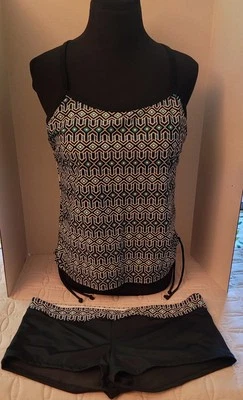 South Point Ladies Tankini 2 Piece Size 14 Boyshort Bottom NWT Black White Blue - Image 1 of 4