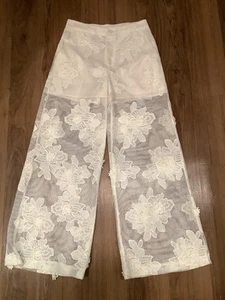 Anewsta Ivory Sheer Net Embroidered Floral Wide Leg Pants Size S/4 - Picture 1 of 10