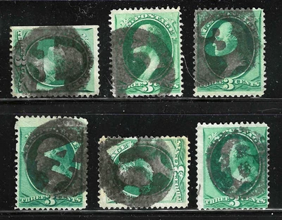 Collection 1-6 NUMBER Fancy Cancel 3 Cent Washington Banknote 1871-1883 US 2-18 - Image 1 of 3