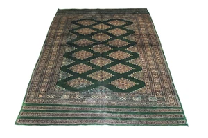 Wool Silk Bokhara Carpet Rug Pakistan 4x6 Green Handmade Rug - Picture 1 of 7