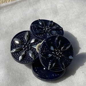 Vintage Set of 6 Silver Faceted Marquis Flower Petal Navy Blue Glass Buttons - Picture 1 of 10