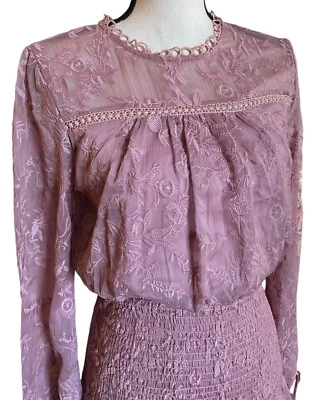 New Aqua Floral Print Tiered Mini Dress Size S Blush Pink Elastic Waist - Image 1 of 4