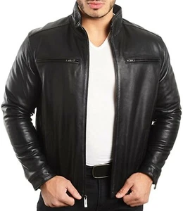 Chaqueta de bombardero de cuero de oveja genuino negra para hombre - Imagen 1 de 3