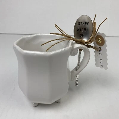 Taza de café de té Mud Pie blanca empinada cuchara derecha cerámica nueva en caja artículos de regalo Foto 1 de 4