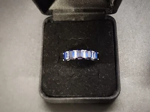 Blue Lab Created Sapphire 5 stone ring w/ white Topaz accents Rhodium/925 Sz 7 - Picture 1 of 8