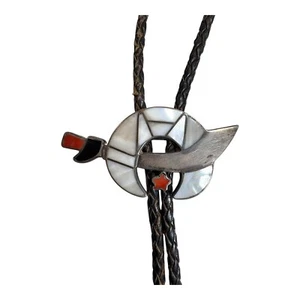 Zuni Abalone Inlay Bolo Tie Coral Mother Of Pearl Sterling Masonic Shriners 1970 - Picture 1 of 10