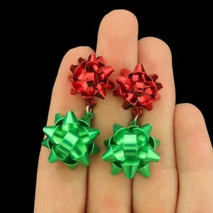 Christmas Bow Earrings - Bright Green and Red - 1 Pair - ER1045 - Picture 1 of 1