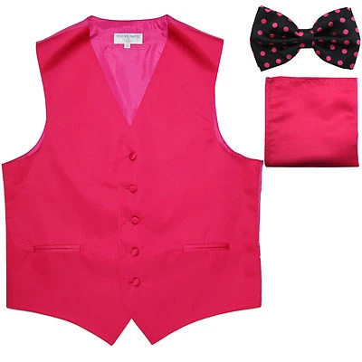 New Men's Vest Tuxedo Waistcoat hot pink Polka Dots Bowtie & Solid Hankie set - Image 1 of 4