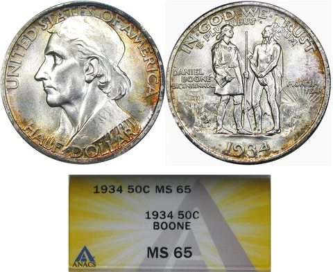 1934 50C ANACS MS65 BOONE CLASSIC COMMEM ~ IRIDESCNTLY TONED GEM! Cover