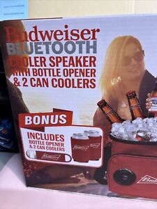 Budweiser Bluetooth Speaker Cooler Bag Bottle Opener & 2 Can Coolers NIB