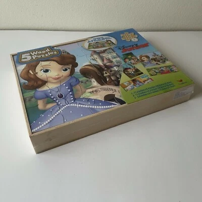 Disney Junior Wood Puzzles Sophia Jake Lambie Doc Mcstuffins Storage Box Set 5 - Image 1 of 4