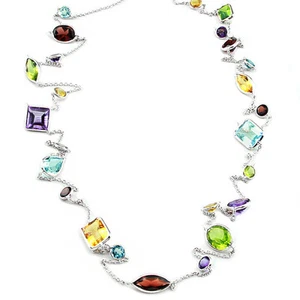 14K White Gold Necklace With Multi-Shaped Gemstones By The Yard 36 Inches - Picture 1 of 3