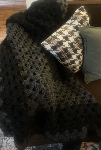 Modern Elevated Black Gray Tonal Throw Blanket Soft Knit Afghan Textile Art - Picture 1 of 11
