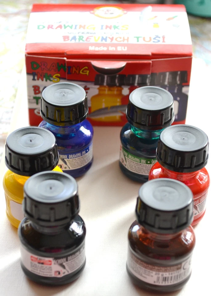 6 x 20g Bottles Coloured Permanent Drawing Inks for Artists NEW