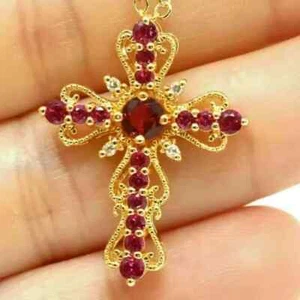 2.10Ct Round Cut Lab-Created Ruby Cross Pendant 14K Yellow Gold Plated 18 Chain - Picture 1 of 8