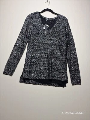 APT. 9 Suéter Para Mujer Grande Negro Tejido Forrado Lentejuelas Adornado Cuello en V Pullover Foto 1 de 4