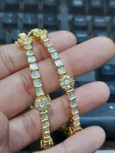Bracciale donna indiana placcato oro 2 pezzi zirconi AD sposa Bollywood gioielli etnici - Foto 1 di 6