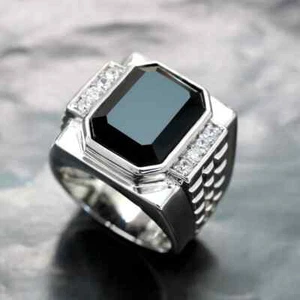 Premium 11.38TCW Emerald Cut Large Black Onyx With White Sapphire Statement Ring - Picture 1 of 10