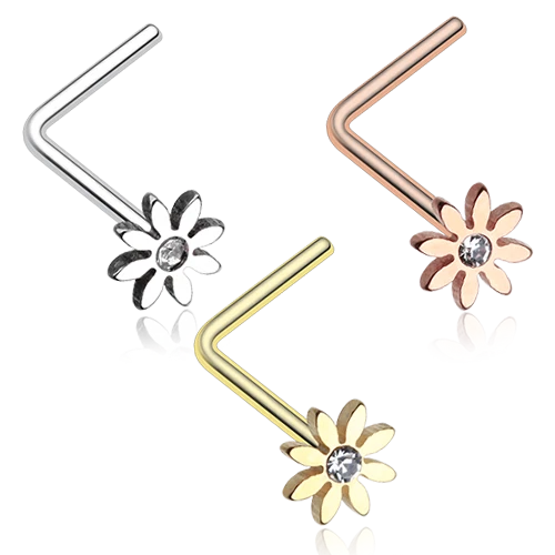 20g Cutesy Daisy Flower L Shaped Sparkle Nose Ring Rose Gold Silver Clear CZ - Image 1 of 1