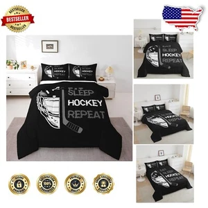 Twin Black & Grey Hockey Comforter Quilt with Pillowcase - Sports Lovers' Dream - Picture 1 of 9