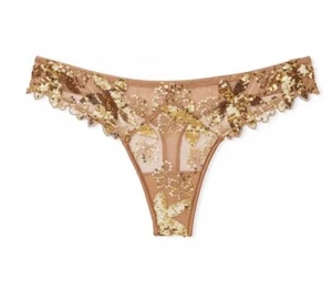 VS Victorias Secret Very Sexy GOLD GLAM Thong Panty Sequined Ziggy Bling L New!! - Picture 1 of 8