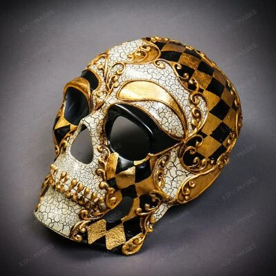 Venetian Crackle Skull Full Face Painted Black Gold Halloween Masquerade Mask - Image 1 of 4