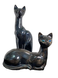 Vintage MCM Ceramic Black Cat Kitten 10" Figurine Siamese Pair Statue Signed RWP - Picture 1 of 22
