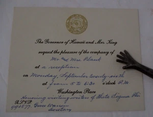 Invitation from Governor of Hawaii & Mrs. King to Theta Sigma Phi Writers, 1950s - Picture 1 of 2