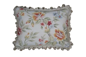 Silk Embroidered Down Filled Floral Lumbar Throw Pillow Cushion w Tassels 16" - Picture 1 of 10