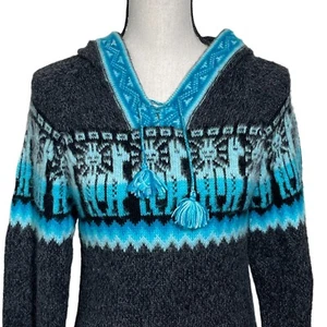 Alpaka Wolle Pullover Kapuze Strick Fransen Taschen Peru Boho Nordic Landhaus Kern - Bild 1 von 10