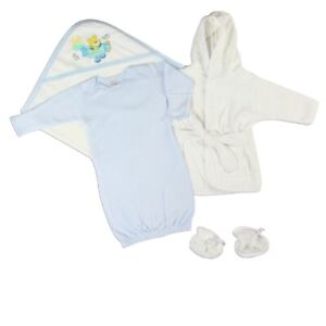 4pc Layette Set Baby Boy Bundle Infant Gown Hooded Bath Towel Robe Booties Gift