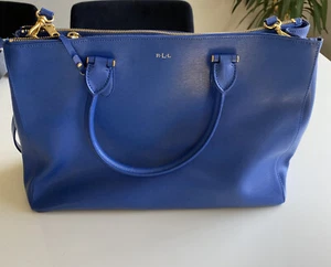 Ralph Lauren Large Leather Crossbody Shoulder Bag Satchel Multi Pocket Blue - Picture 1 of 20