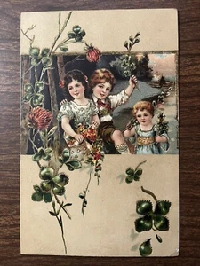 St. Patrick's Day Postcard ~ Children, 4 Leaf Clover, Embossed, Gold Gild ~ 1909 - Picture 1 of 2