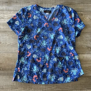 Koi Basics Scrubs Leslie Top in Under The Sea Size Medium Blue Fish Bubbles EUC - Picture 1 of 9