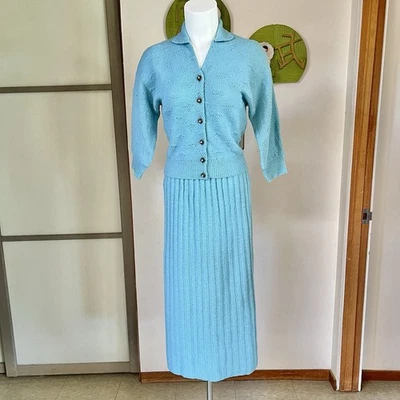 1940s Vintage Boucle Knit Skirt Set By Tic Toc Timely Knits S/M - Image 1 of 4