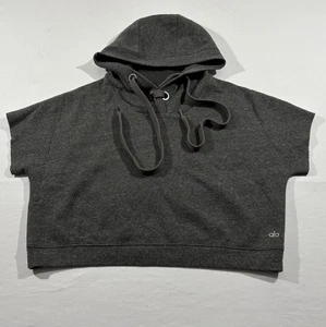 ALO Yoga Realm Schnürung grau Kurzarm Cropped Hoodie Sweatshirt Gym Gr. S - Bild 1 von 11