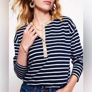 New Boden Metallic Trim Striped Henley Top Navy White women's 16/18 - Picture 1 of 10
