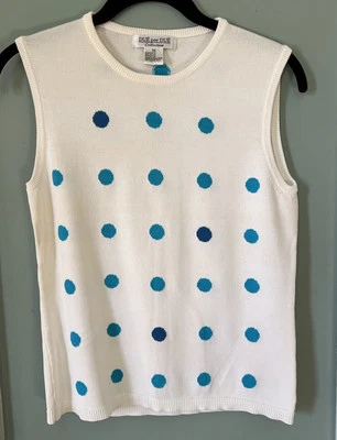 Due Per Due Collection White Sleeveless Top Stretch Knit Blue Polka Dot M - Image 1 of 4