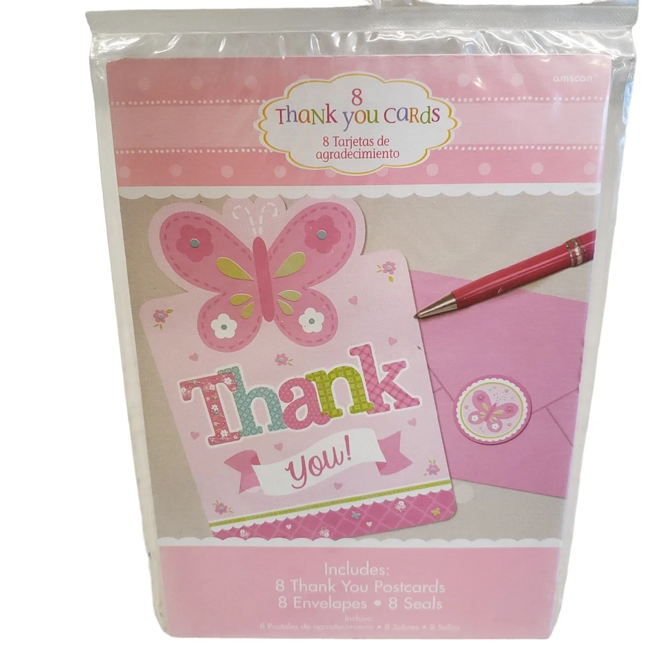 Pack de 8 tarjetas de agradecimiento Baby Girl rosa mariposa baby shower con sobres NUEVO Foto 1 de 4