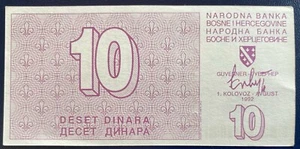 Bosnia, 10 dinara 1992, war money, siege of Sarajevo, XF, Pick 21 - Picture 1 of 3