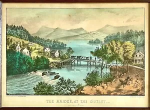"Antike Currier & Ives handfarbige Lithographie ""DIE BRÜCKE, AM AUSLAUF..."  - Bild 1 von 7
