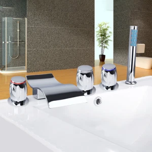 5 pezzi rubinetto vasca cromato beccuccio a cascata + miscelatore doccia portatile rubinetto montaggio ponte - Foto 1 di 7